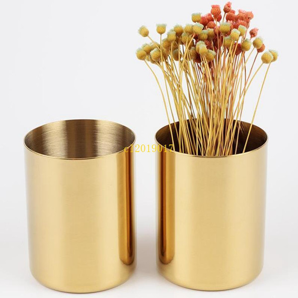 50pcs 400ml Nordic Style Brass Gold Vase Stainless Steel Cylinder Pen Holder for Desk Organizers Stand Pencil Pot Holder