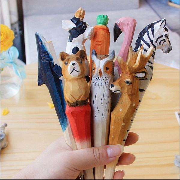 Handmade Ballpoint Pen Lovely Artificial Wood Carving Animal ball pen Creative Arts blue pens gift New many color