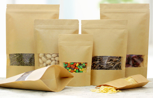 100Pcs Food Moisture-proof Bags,Window Bags Brown Kraft Paper Doypack Pouch Ziplock Packaging for snack,Cookies,tea