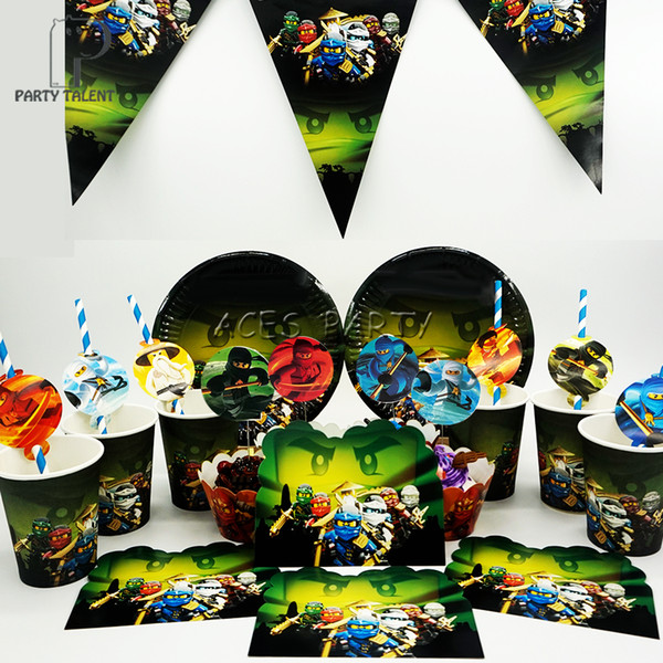 Party supplies 73pcs for 12kids Ninjago theme birthday party decoration tableware set, plate+cup+straw+banner+invitations+topper