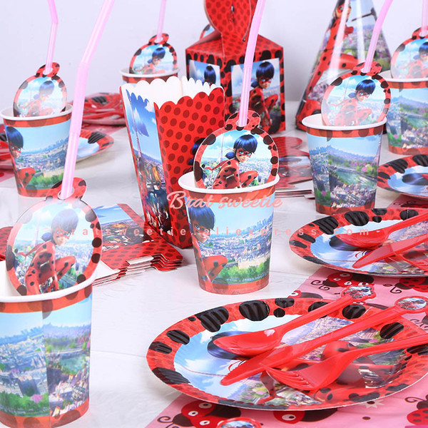 100pcs/set Birthday Party Decoration Supplies Lady bug Kids Theme Party Disposable Tableware Plates Tablecloth Cups