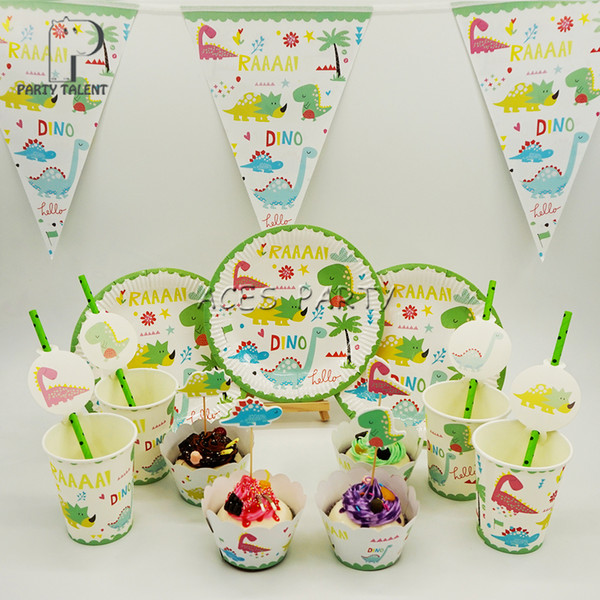 Party supplies 61pcs for 12 kids Dinosaur theme birthday party decoration tableware set, plate+cup+straw+banner+wrapper+topper