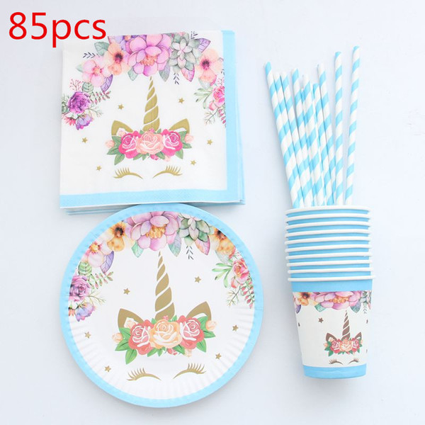 85pcs Unicorn Disposable Tableware Christmas New Year Party Paper Plates Cups Napkins Birthday Party Supplies Plastic Straws