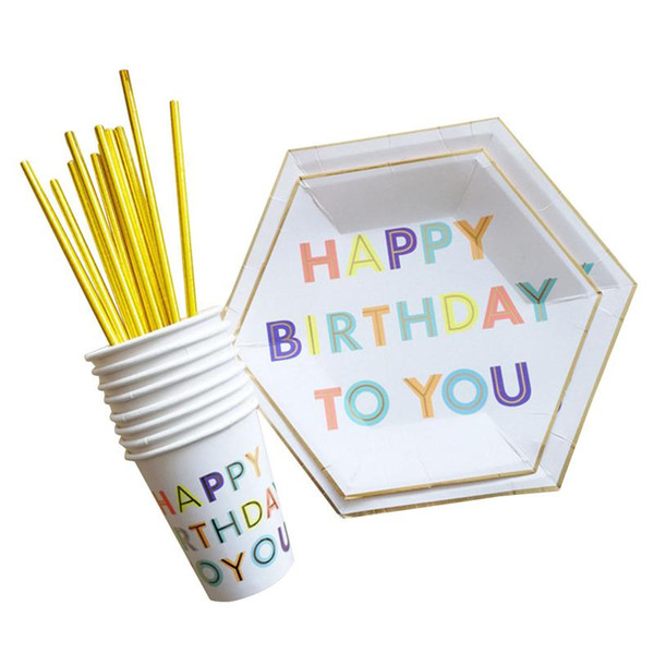 49pcs Paper Tableware Safe Gilding Disposable Paper Straws Cups Plates Carnival Birthday Party Supplies