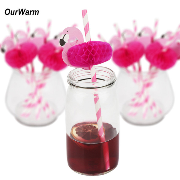 OurWarm 12PCS Flamingo Paper Drinking Straws Hawaiian Luau Party Decoration Beach Birthday Party Event Decor Accessories