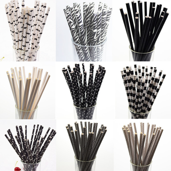 25pcs Black Paper Drinking Straws Star Striped Mustache zebra Paper Straw for Baby Shower Wedding Birthday Halloween Party Decor