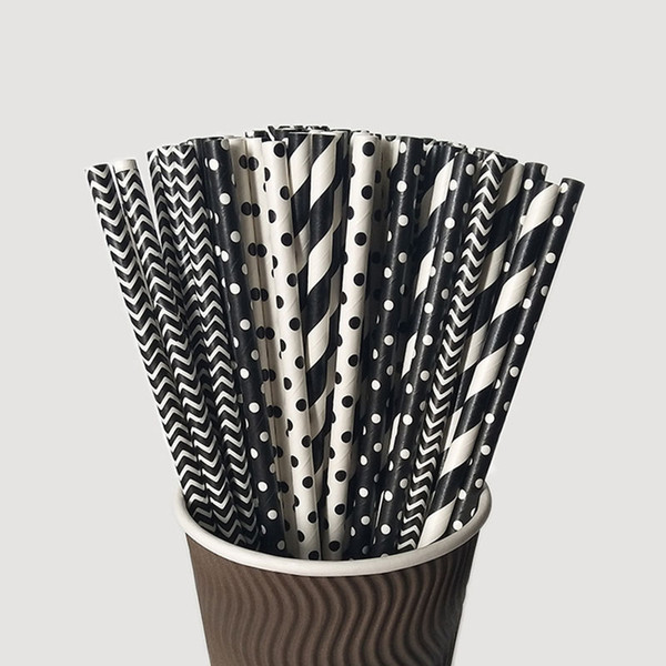 25pc Black White Striped Wave Paper Drinking Straws For Birthday Wedding Party Baby Shower Party Disposable Tableware Supplies