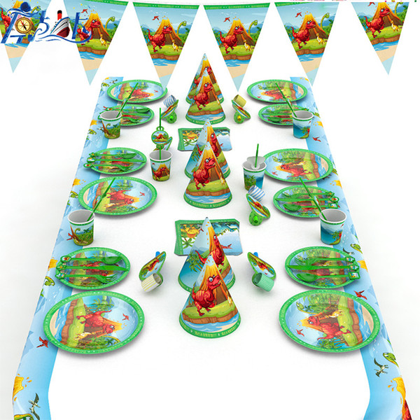 66pcs Dinosaur theme paper plate cup napkin tablecloth knive cap for Kids birthday Party Supplies 6person use