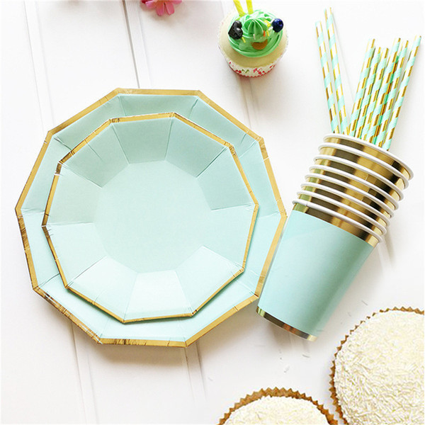 8Pcs/Bag Gold Mint Green Disposable Tableware Party Paper Plates Cups Straw Birthday Party Xmas festival Paper Napkins Tableware