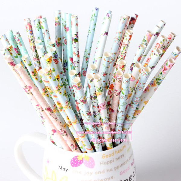 25pcs/lot, Vintage Retro Floral Paper Straws Biodegradable Drinking Paper Straws for Christmas Decoration Wedding Events