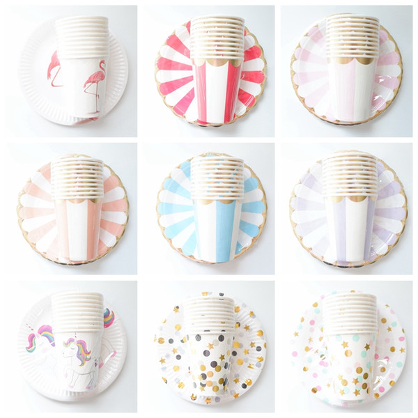 20pcs/set Colorful Striped Paper Cups&Plates Wedding Birthday Decoration Baby Shower Festival For Kids Tableware Party Supplies