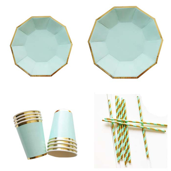 festival supplies disposable Paper Plates cups napkins Tableware for Birthday Wedding Decorcraft DIY Golden mint shimmering