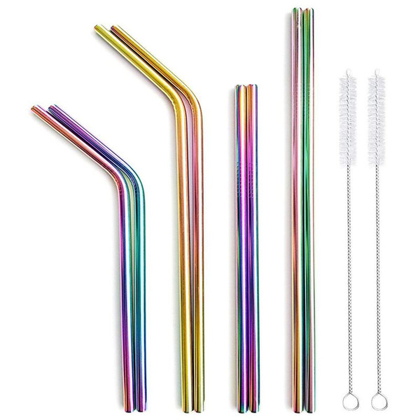 New-Stainless Steel Drinking Straws Reusable Straws Colorful 8 pcs with 2 Cleaning Brushes for Smoothie, Cocktail, Hot and Coo