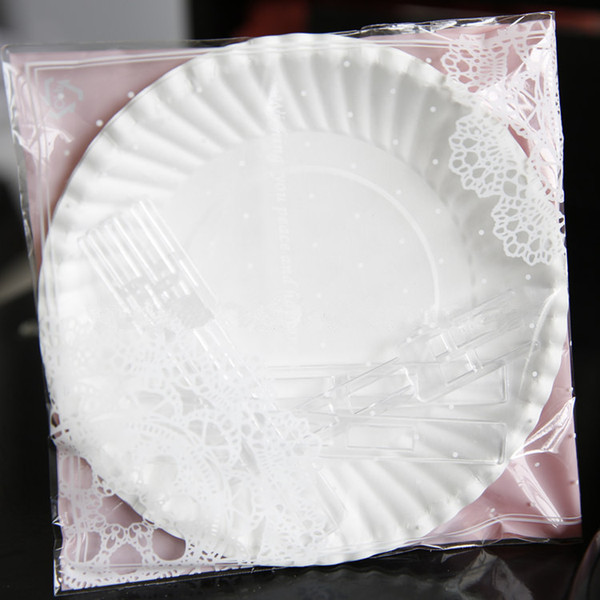 Disposable 50 sets of Paper Plates and Plastic forks with Pink Lace Bag Packaging For Wedding/Birthday Party Supplies