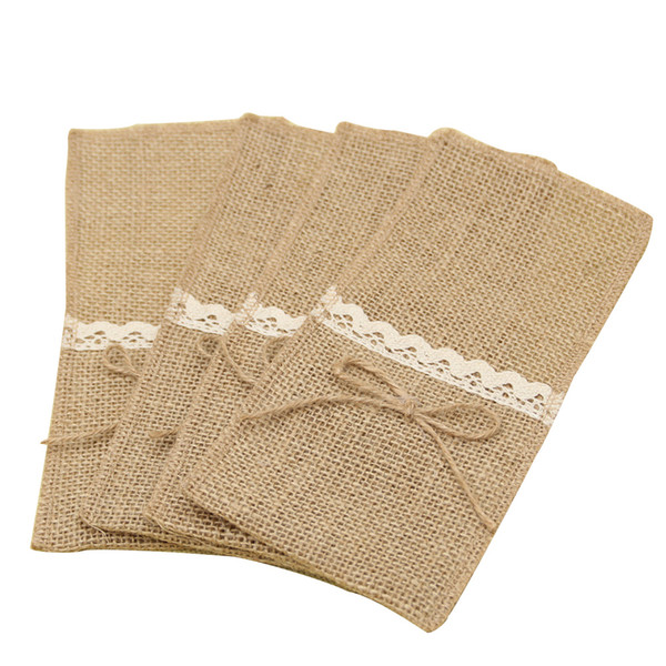 10 Pcs Christmas Pouch Tableware Knife Holder Pocket Party Decoration Packaging Fork Wedding Jute Burlap Vintage Lace