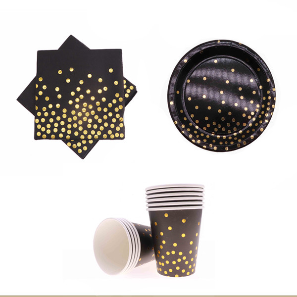 40pcs/gold foil black disposable tableware party cup paper plate birthday party supplies birthday wedding decoration kids