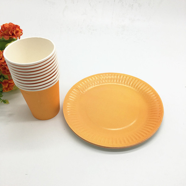 20pcs/lot orange color plates cups baby shower party supplies orange theme disposable plates cups plain color dishes