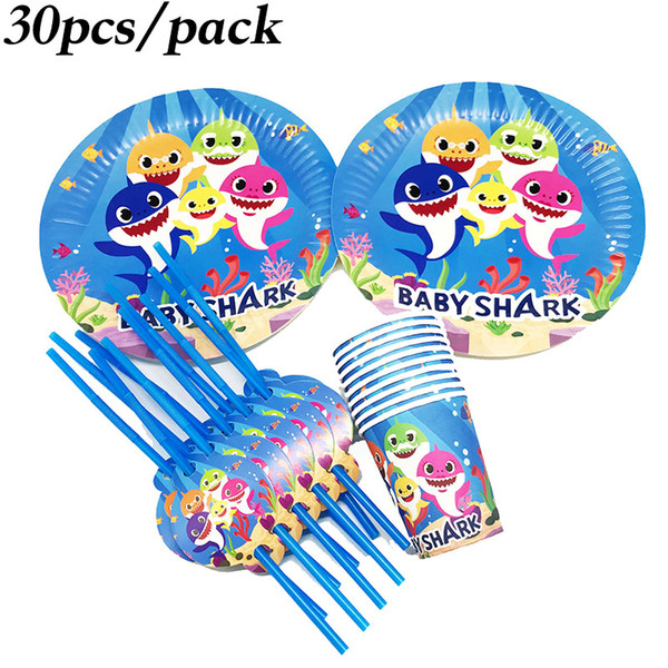 30pcs Baby Shark theme disposable tableware set Baby Shark disposable plates cups shower birthday party supplies