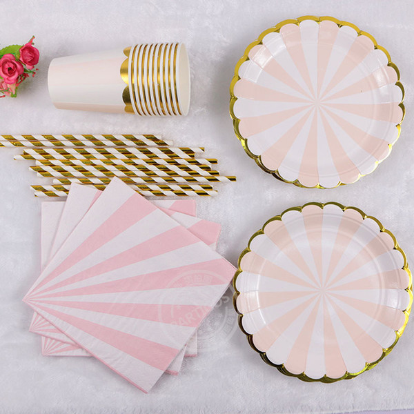 65 pcs 1set pink mint green paper Striped Tableware Wedding Birthday disposable Plates Cups Straws Napkins party decor Supplies