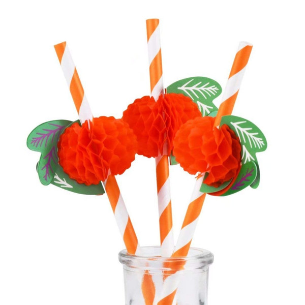 12pcs 3D orange designs Paper Drinking Straws Wedding Decoration Baby Shower Birthday Celebration Hawaii Carnival Party Supplies