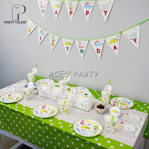 Party supplies 58pcs for 8kids Dinosaur theme birthday party decoration tableware set, plate+cup+straw+banner+candybox+topper