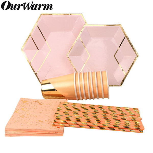 OurWarm Pink Foil Gold Disposable Tableware Birthday Party Paper Napkins Straws Plates Cups Wedding Decor Kids Party Supplies