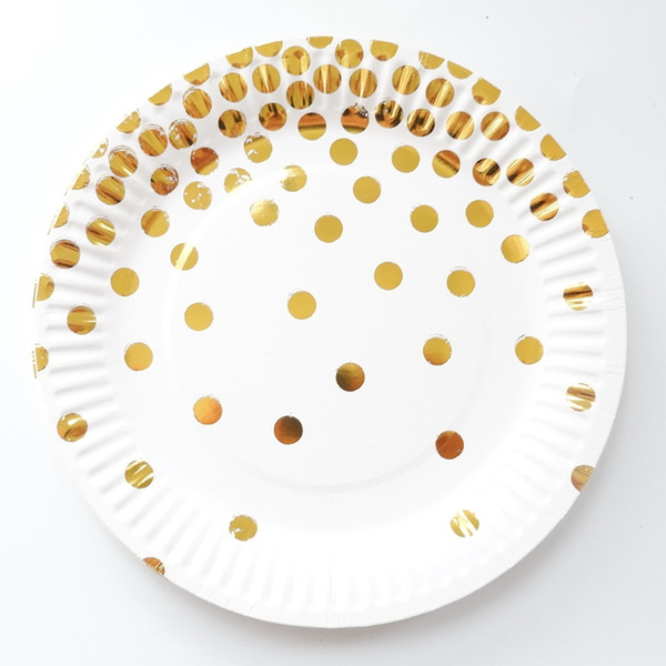 10 pcs 7inch Foil Gold Dot Birthday Wedding Party Supplies Decoration Cake Dish Disposable Paper Plates Baby Shower Favors