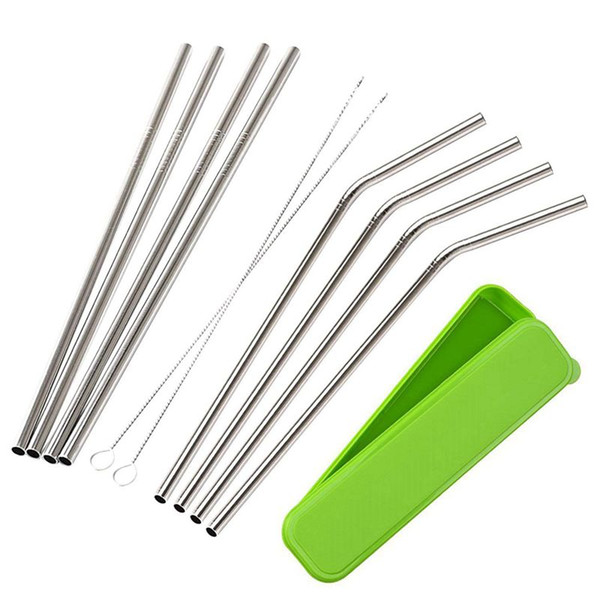 8 Pack Stainless Steel Drinking Straws with Cleaning Brushes and Portable Storage Box