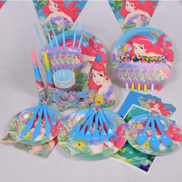 90pcs/ Set Luxury Kids Birthday Party Decoration Set Mermaid Ariel Theme Party Supplies Baby Birthday Pack Cups Tablecloth