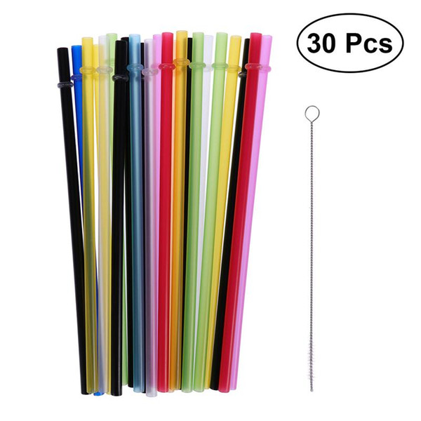 30pcs Reusable Plastic Straws Drinking Straws with Cleaning Brush (Straws Random Color)