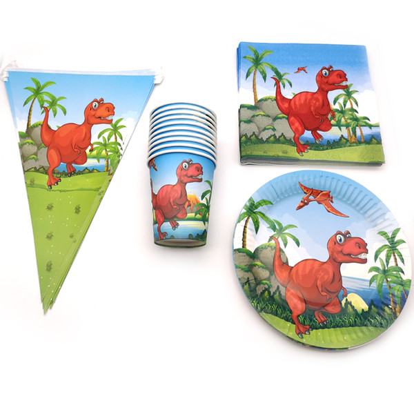 80pcs/lot Dinosaur Theme Tableware Set Decorate Flags Napkins Cups Birthday Party Hanging Banner Baby Shower Boys Favors Plates