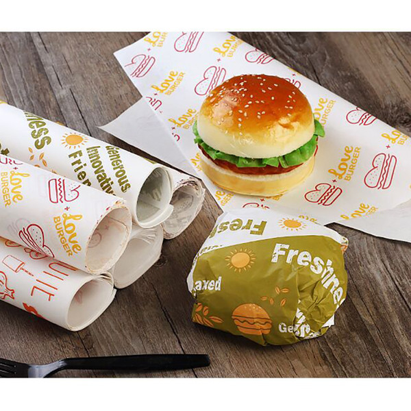 Disposable Anti-oil Packing Paper Fast Food Packing Paper Cartoon Hamburger Chicken Roll Takeaway Packing Sandwich 50pcs/set