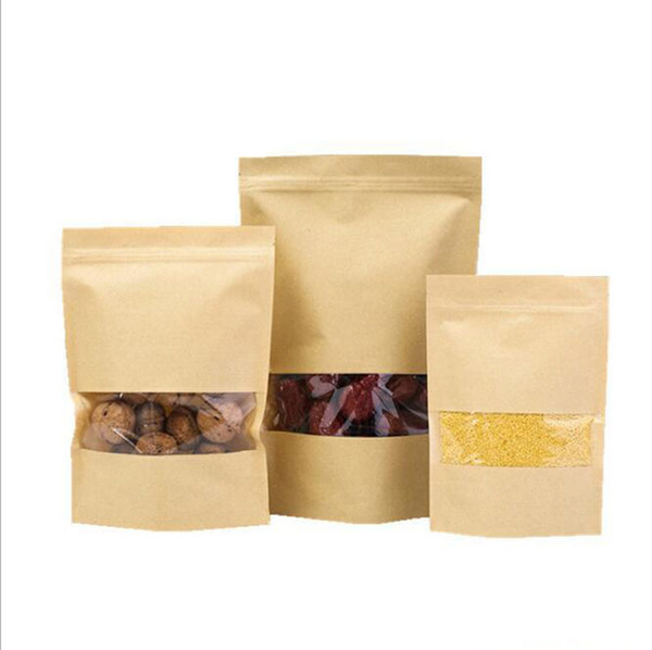 100 pieces Food Moisture Barrier Bags with clear Window Brown Kraft Paper Doypack Pouch Ziplock Packaging sealing pouch