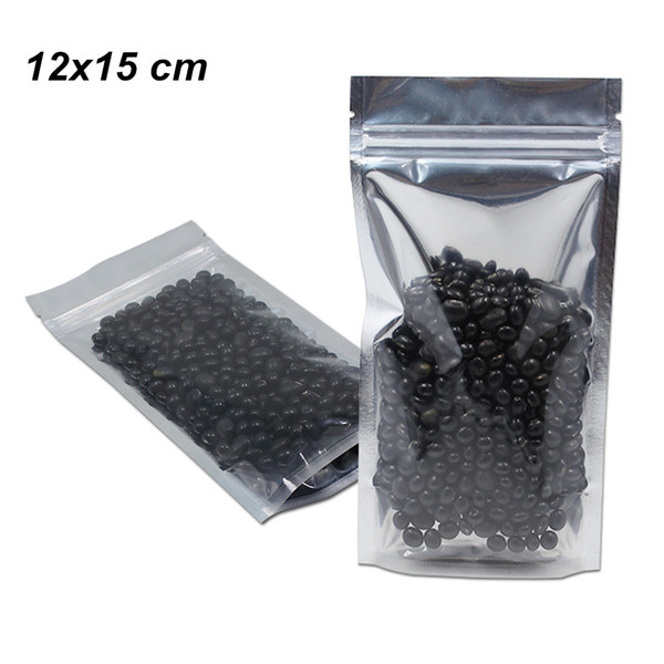 12x15cm 100PCS ZipLock Mylar Stand up Smell Proof Packaging Bags for Dried Fruits Beans Front Clear Aluminum Foil Reusable Tea Packing Pouch