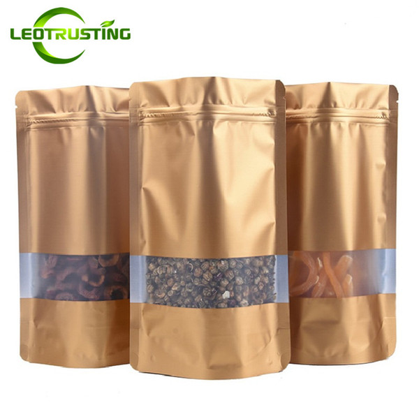 Leotrusting 100pcs/lot Stand up Matt Gold Aluminum Foil Window Ziplock Bag Gold Foil Food Powder Snack Nuts Coffee Storage Bag