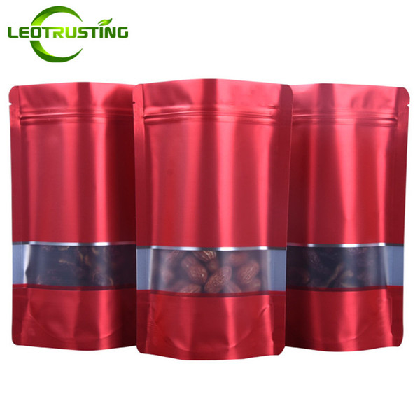 Leotrusting 100pcs/lot Stand up Matt Red Aluminum Foil Window Ziplock Bag Red Foil Food Powder Snack Nuts Coffee Storage Bag Support Print