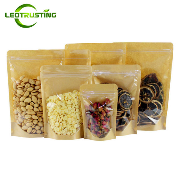 Leotrusting 100pcs/lot Thick Clear Front + Kraft paper Back Stand up Storage Bag One Side Clear Ziplock Bag for Coffee Fruit Bakery Pack