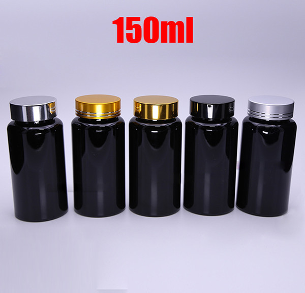 100PCS 150ml Light-proof Black Bottles, Plastic Bottles, Powder Bottles, Empty Bottles,Sample Bottle--5 Colors Aluminum Lids with Seals