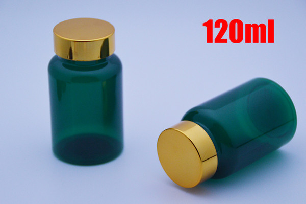 100pcs 120ml Translucent Green PET Plastic Bottles, Packing Containers, Empty Solid Bottles with Bright Gold Metal Caps & Self Sticky Seals