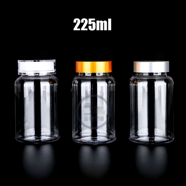 100pcs 225ml Transparent Solid/Liquid Storages, 225CC PET Packing Bottles, Plastic Sample Container with Golden/Silver/White Caps & Seals