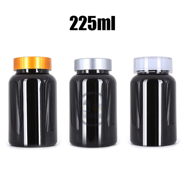 100pcs 225ml Black Solid/Liquid Storages, 225CC PET Packing Bottles, Plastic Sample Container with Gold/Silver & Child-proof Caps & Seals