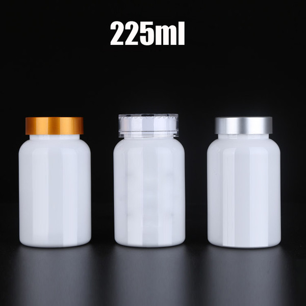 100pcs 225ml Round White Color Vatimins Storages,225CC Empty Bottles, Plastic Sample Container with Child-proof & Golden/Silver Caps & Seals