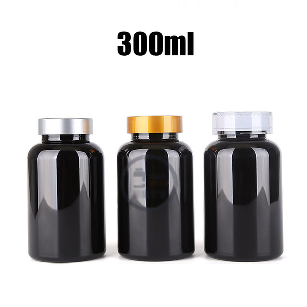 100PCS 300CC Black PET Bottles, Sample Storages,Powder Bottles, 300ml Plastic Vatimins Bottles with Child-proof Caps & Seals