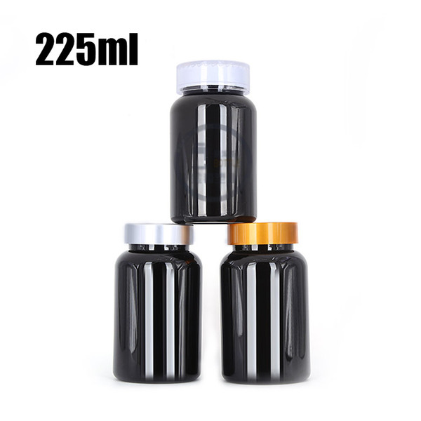 20pcs 225ml Black Color Powder Storages, 225CC PET Packing Bottles, Plastic Sample Container with Golden/Silver Child-proof Caps & Seals