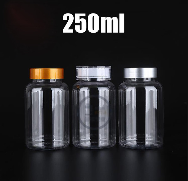 100PCS 250ml Transparent PET Bottles, Empty Bottle, Powder Containers, Plastic Bottles with Golden/Silver/Child-proof Caps & Seals