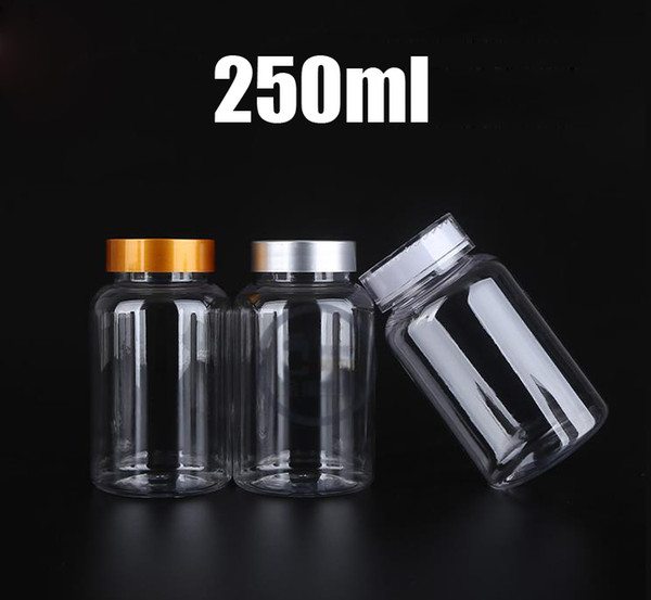 20PCS 250ml Transparent PET Bottles, Empty Bottle, Powder Containers, Plastic Bottles with Golden/Silver/Child-proof Caps & Seals