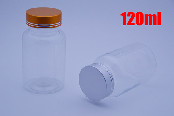 100pcs 120ml Transparent PET Plastic Bottles, Packer Containers -- Golden & Silver Metal Caps