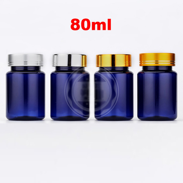 100PCS 80MLTranslucent Blue Color PET Empty Solid Bottles, Packing Bottles, 80cc Plastic Packing Container with 4 Colors Aluminum Cap