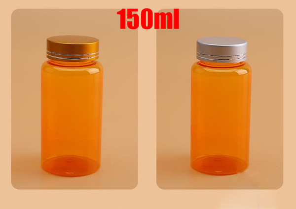 100pcs 150ml Translucent Orange PET Sample Storages ,Solid Bottle, Plastic Bottles With Golden/Silver Color Metal Lids & Seals