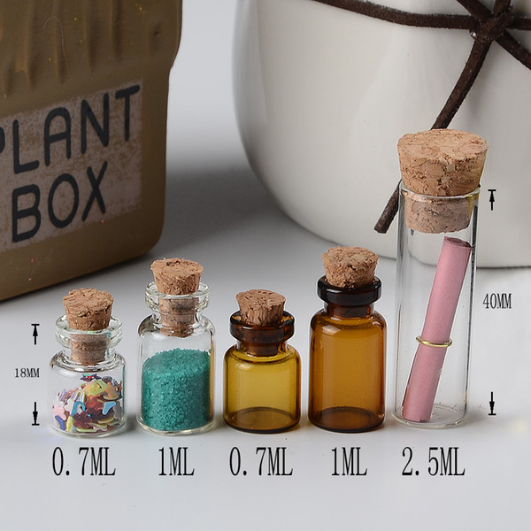 0.7ml 1ml 2.5ml Mini Transparent and Brown Color Bottles With Cork Empty Tiny Glass Amber Vials Jars Small Gift Bottle 100pcs